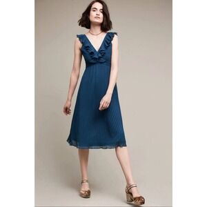 Anthropologie PS Petite Small Pleated Isere Ruffled Blue V-Neck Dress Lucy Paris